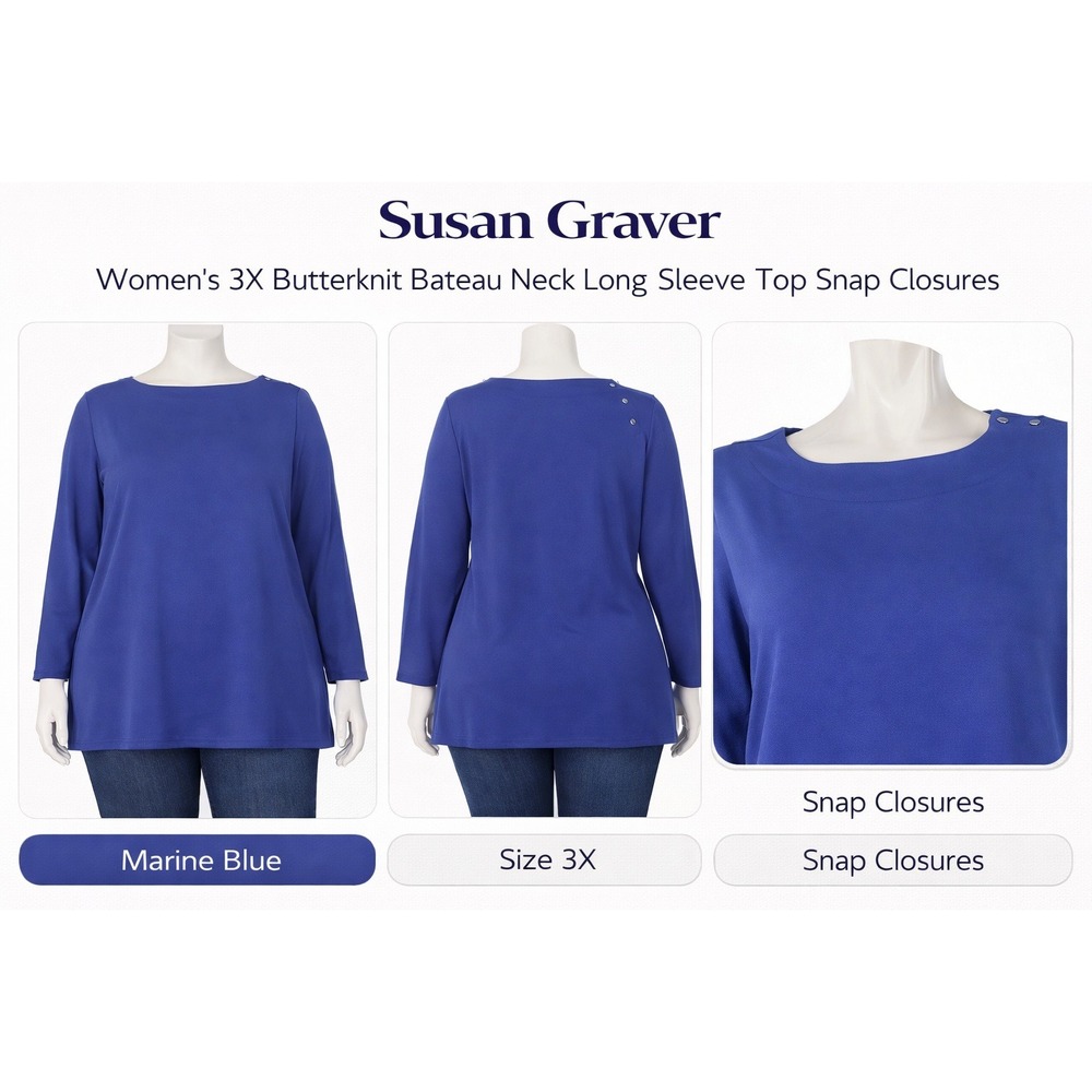 Susan Graver Womens 3X Butterknit Bateau Neck Long Sleeve Top Marine Blue 216900